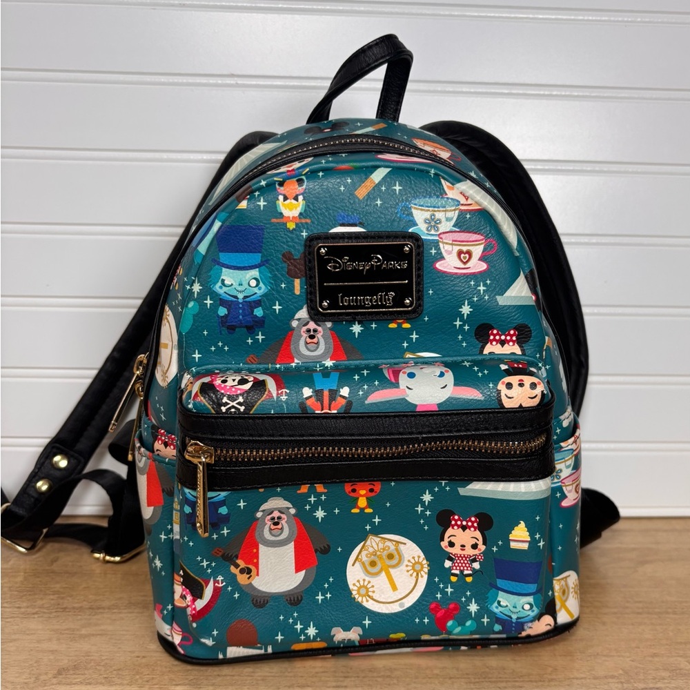 Disney Parks Loungefly Mini Backpack Chibi Attractions Teal AOP Rare
